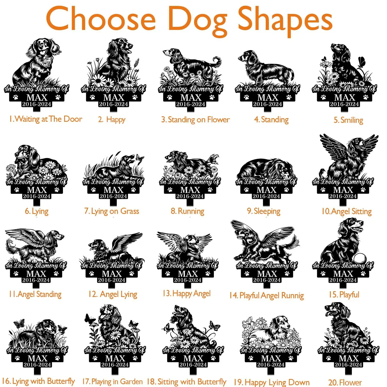 Longhair-Dachshund-4 Grid of black memorial dog silhouette designs titled 'Choose Dog Shapes' with sample name 'MAX 2016-2024' and numbered pose labels like Waiting, Happy, Standing, Lying, Angel variations, and garden scenes.