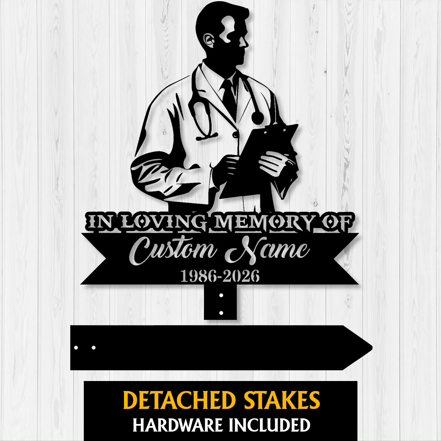 Male-Doctor-2 Black silhouette memorial sign of a male doctor holding a clipboard with stethoscope, text reading "In Loving Memory of Custom Name 1986-2026" on a white wood background