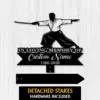 Black samurai memorial yard sign with sword silhouette, “In Loving Memory of Custom Name 1986-2026,” detached stakes