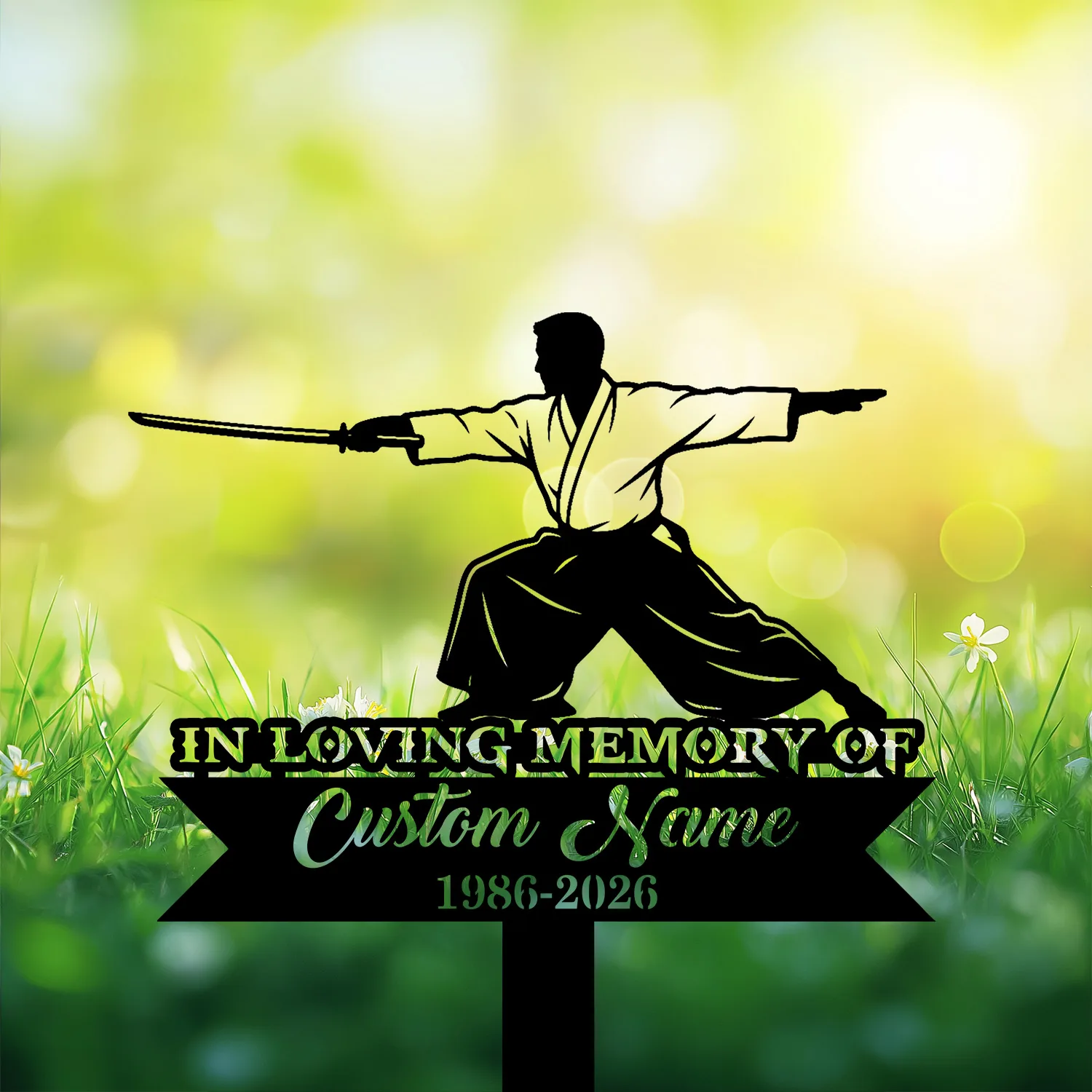 Martial arts memorial garden stake with swordsman silhouette, In Loving Memory of Custom Name 1986-2026