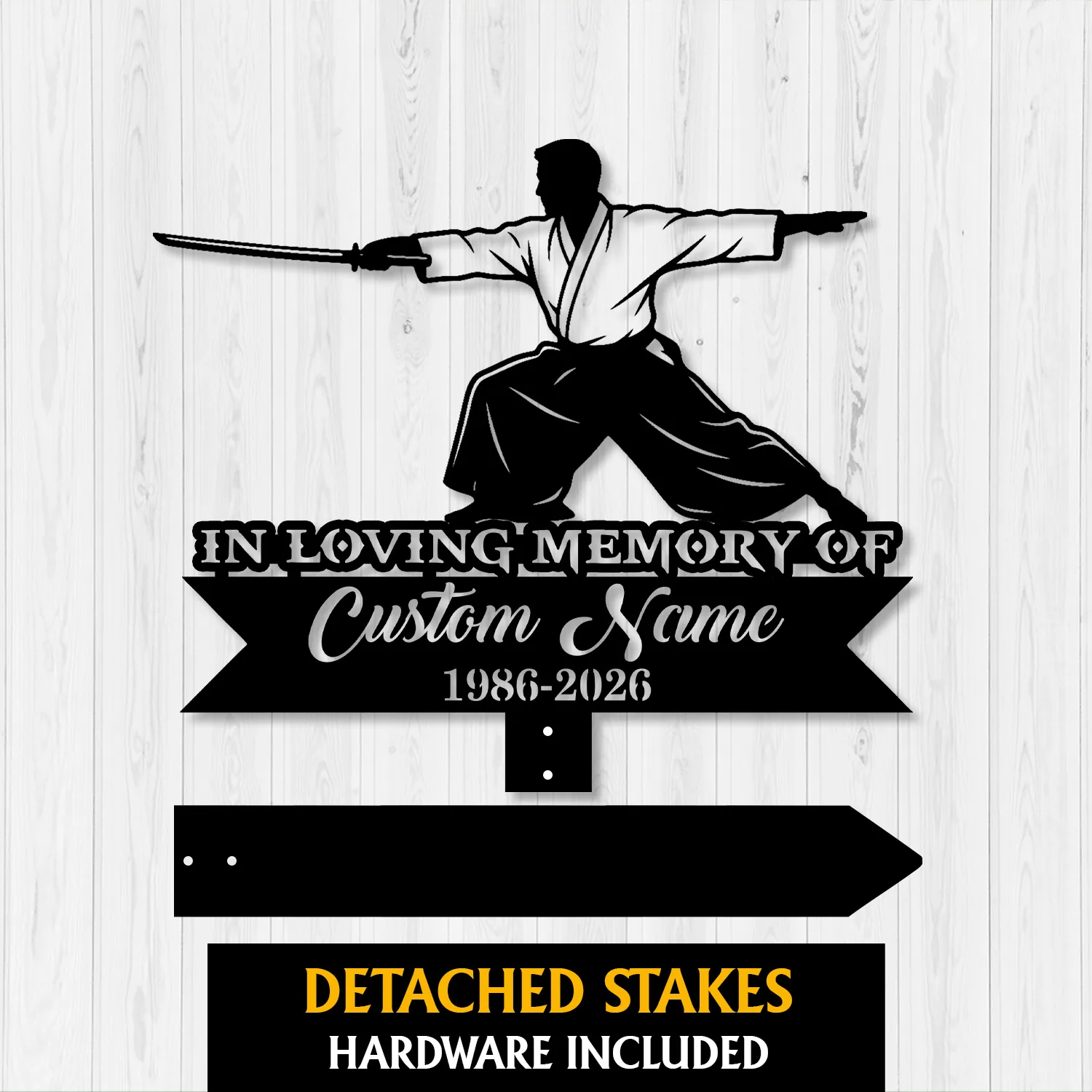 Black samurai memorial yard sign with sword silhouette, “In Loving Memory of Custom Name 1986-2026,” detached stakes