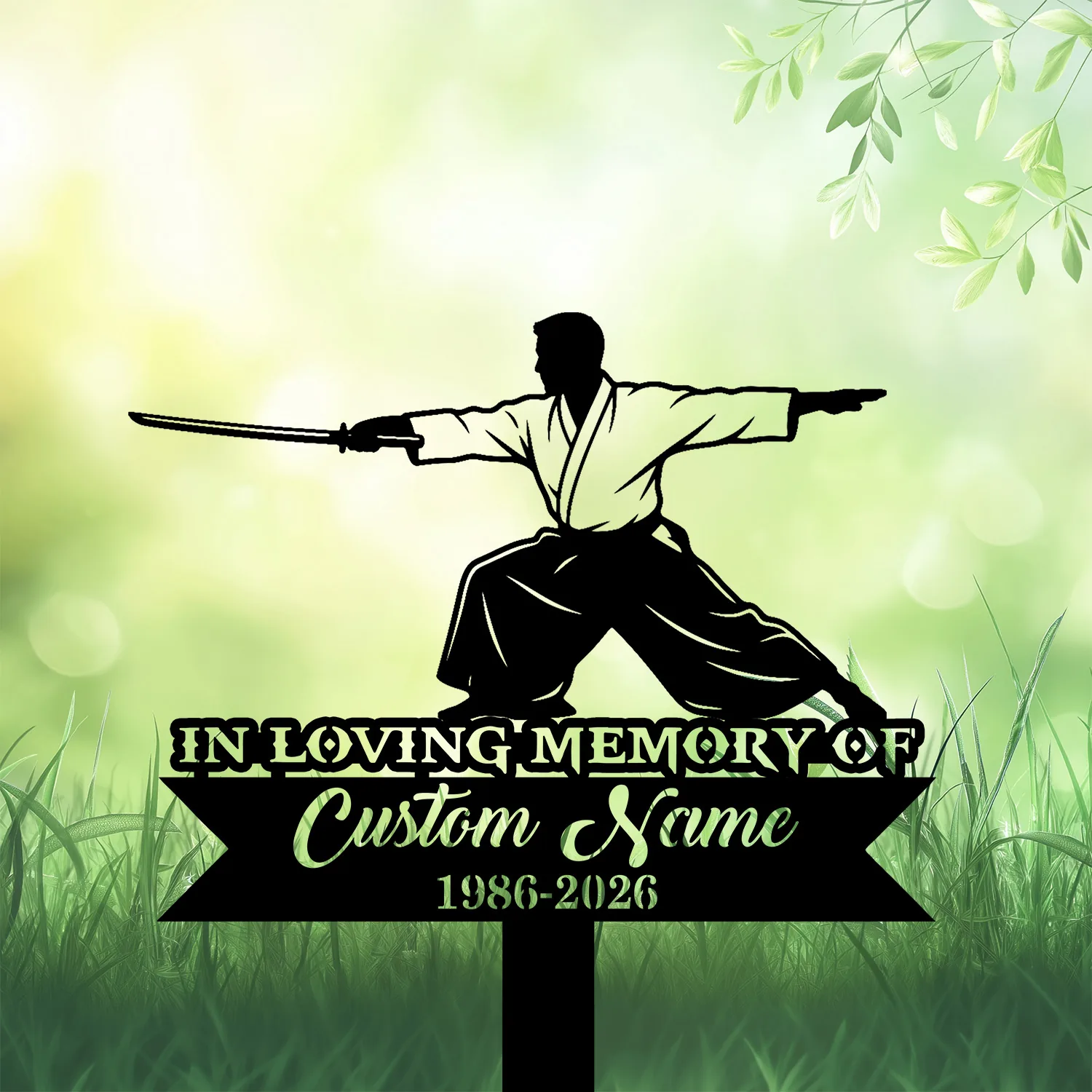 Martial arts memorial garden stake with sword silhouette, reading In Loving Memory of Custom Name 1986-2026