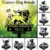 Pug-1 Memorial garden sign design showing a happy pug among flowers and a butterfly with text "In Loving Memory Of MAX 2016-2024" on a green bokeh background