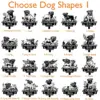 Pug-4 Grid of 20 black-and-white memorial dog silhouette designs titled "Choose Dog Shapes" with sample name MAX and dates 2016-2024, showing various poses and angel motifs