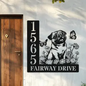 Personalized Pug Sitting with Butterfly Address Sign