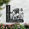 Pug-Sitting-with-Butterfly-3 Black metal address sign mounted on a white brick wall with numbers 1565 and text 'FAIRWAY DRIVE', featuring a pug sitting among flowers and butterflies, with pink flowers below