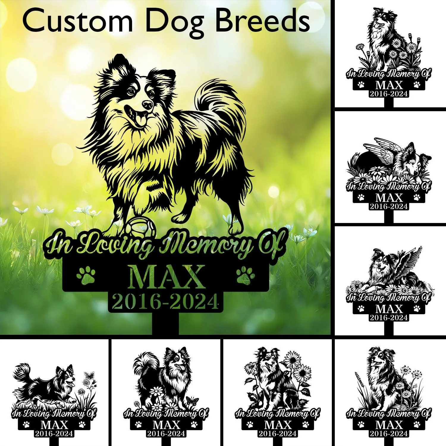 Shetland-Sheepdog-1 Memorial yard sign design showing a happy long-haired dog above text “In Loving Memory Of MAX 2016-2024” on a green bokeh lawn background