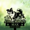 Shetland-Sheepdog-4 Black silhouette memorial yard sign of a happy long-haired dog among flowers reading "In Loving Memory of Max 2016-2024" against a soft green garden background