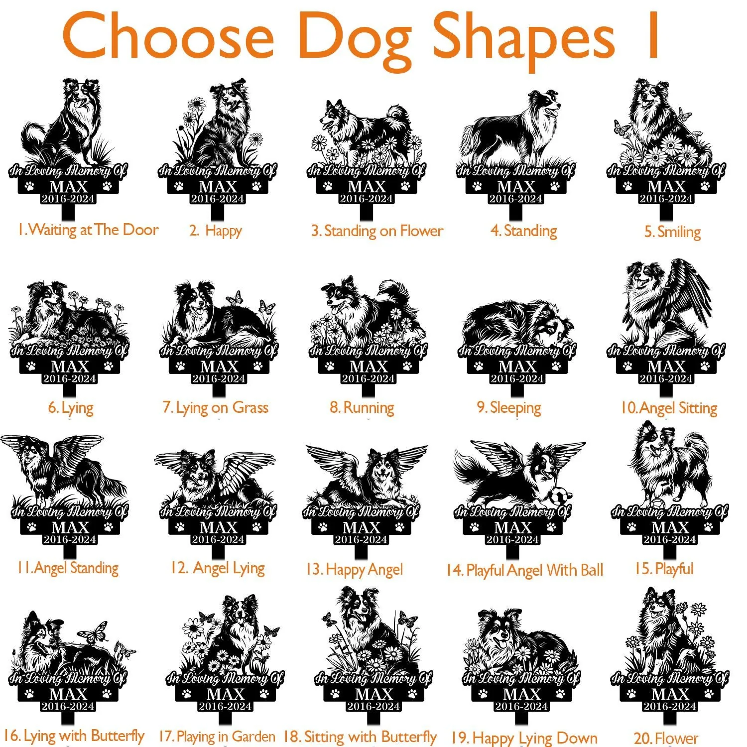 Shetland-Sheepdog-5 Sheet of 20 black-and-white memorial dog silhouette designs titled "Choose Dog Shapes I" showing various poses labeled with names like "In Loving Memory Of MAX 2016-2024"