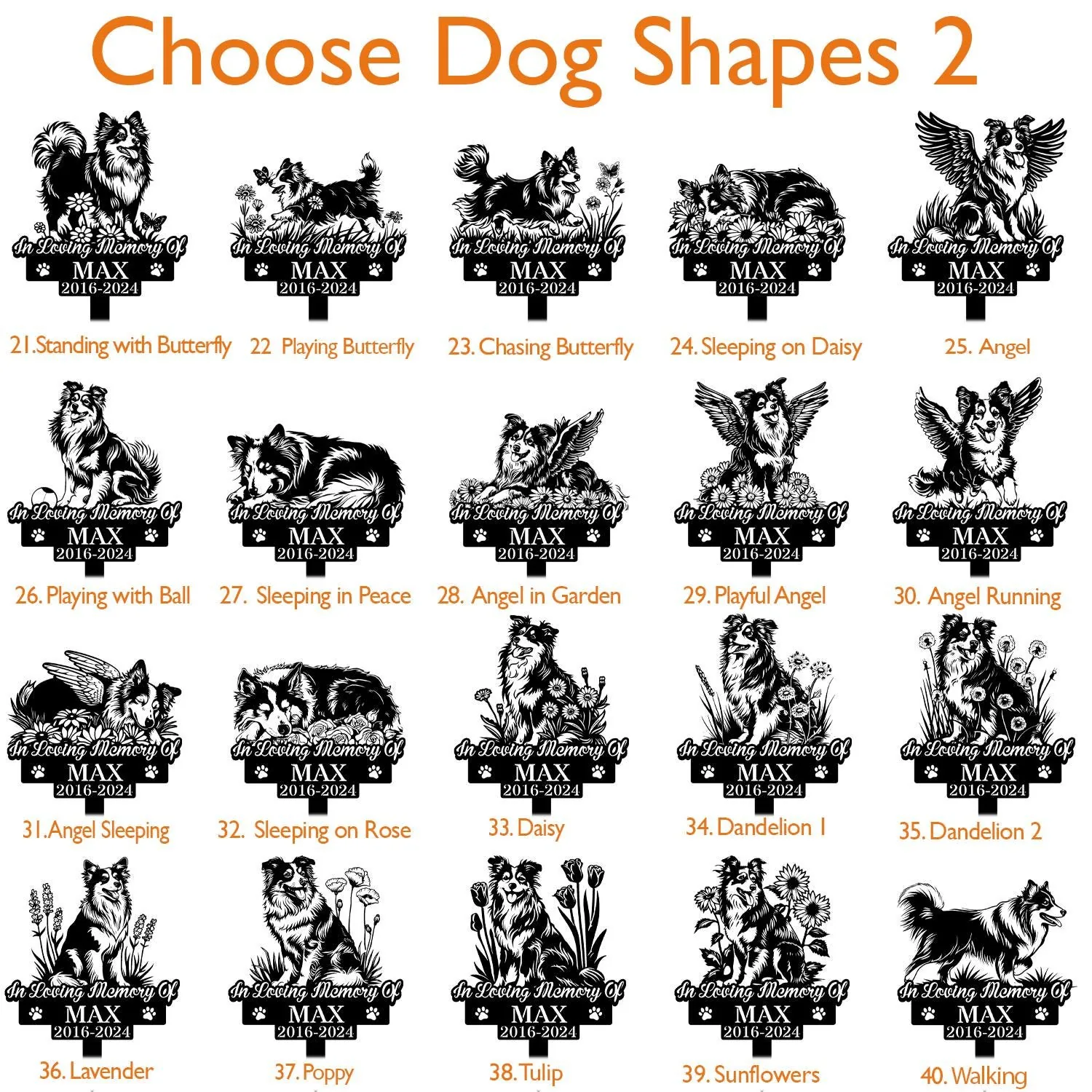 Shetland-Sheepdog-6 Grid of black silhouette memorial dog sign designs titled "Choose Dog Shapes 2" showing various dog poses with text "In Loving Memory Of MAX 2016-2024" and numbered style names