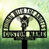 Sport-Biker-Riding-with-Angels-3 Black metal memorial sign reading "Riding With The Angels" with winged motorcyclist silhouette, placeholder "CUSTOM NAME" and dates 1954–2024 against a soft green grassy background