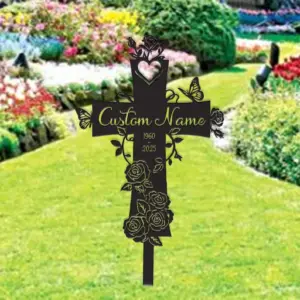 Personalized Cross Rose Memorial Sign