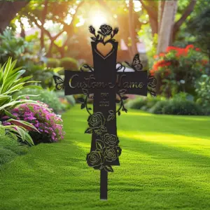 Personalized Cross Rose Memorial Sign