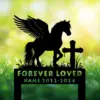 Black silhouette of a winged horse standing beside a cross over grassy field with 'FOREVER LOVED' and placeholder name 2012-2024 against a soft green bokeh background