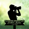 Black silhouette of a photographer with camera on a memorial sign reading "IN LOVING MEMORY OF Custom Name 1986-2026" against a soft green leafy background