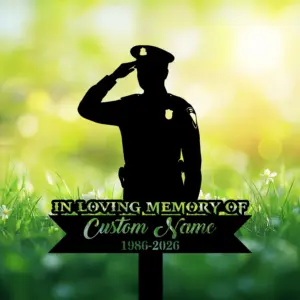 Custom Police Memorial Garden Stake with Saluting Silhouette