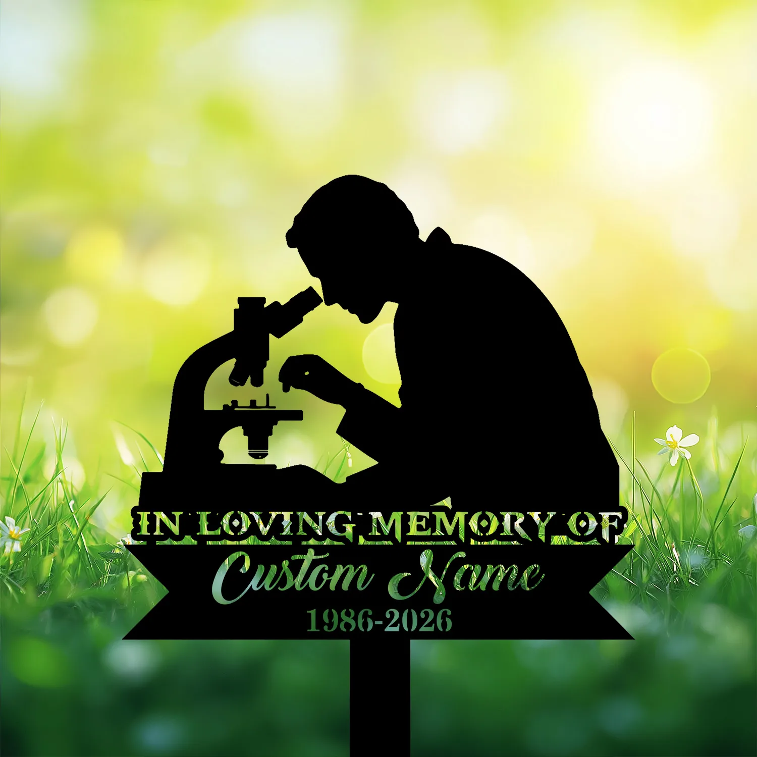 Style-14-Scientist-1 Silhouette of a scientist looking through a microscope over a grassy, sunlit background with text reading "In Loving Memory of Custom Name 1986-2026"
