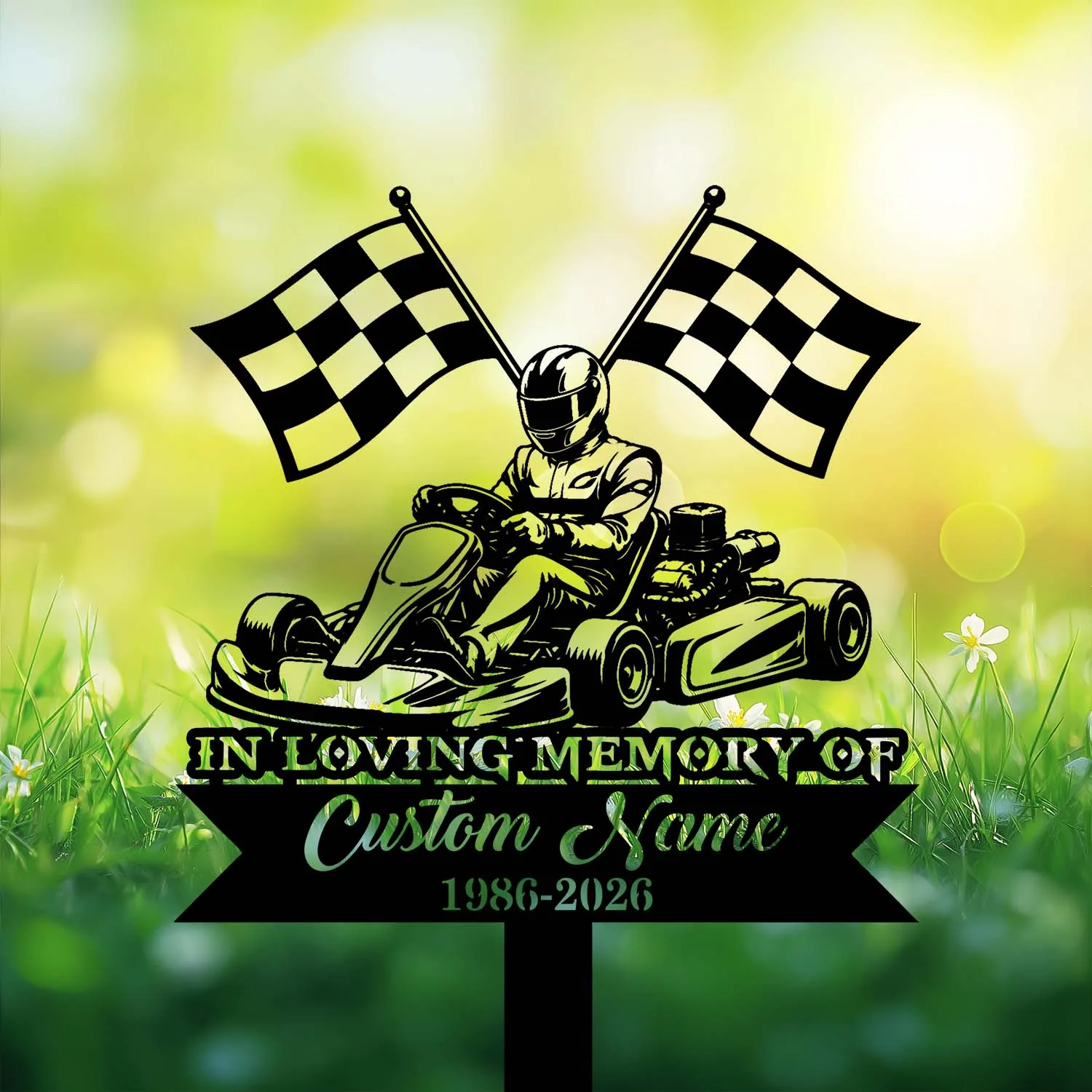 Black silhouette of a go-kart racer with crossed checkered flags and text reading "In Loving Memory Custom Name 1986-2026" on a green grassy blurred background