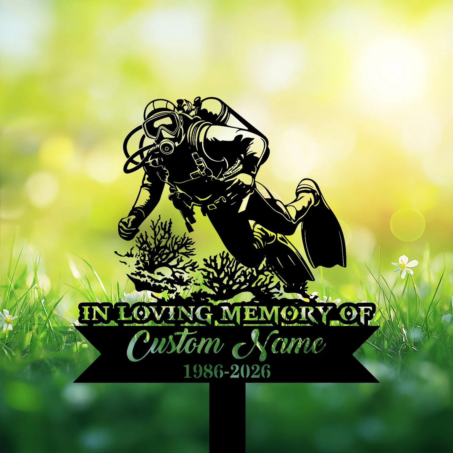 Style-15-Scuba-Diver-1 Memorial yard sign silhouette of a scuba diver over coral with text banner reading "IN LOVING MEMORY" and placeholder "Custom Name 1986-2026" on grassy blurred background
