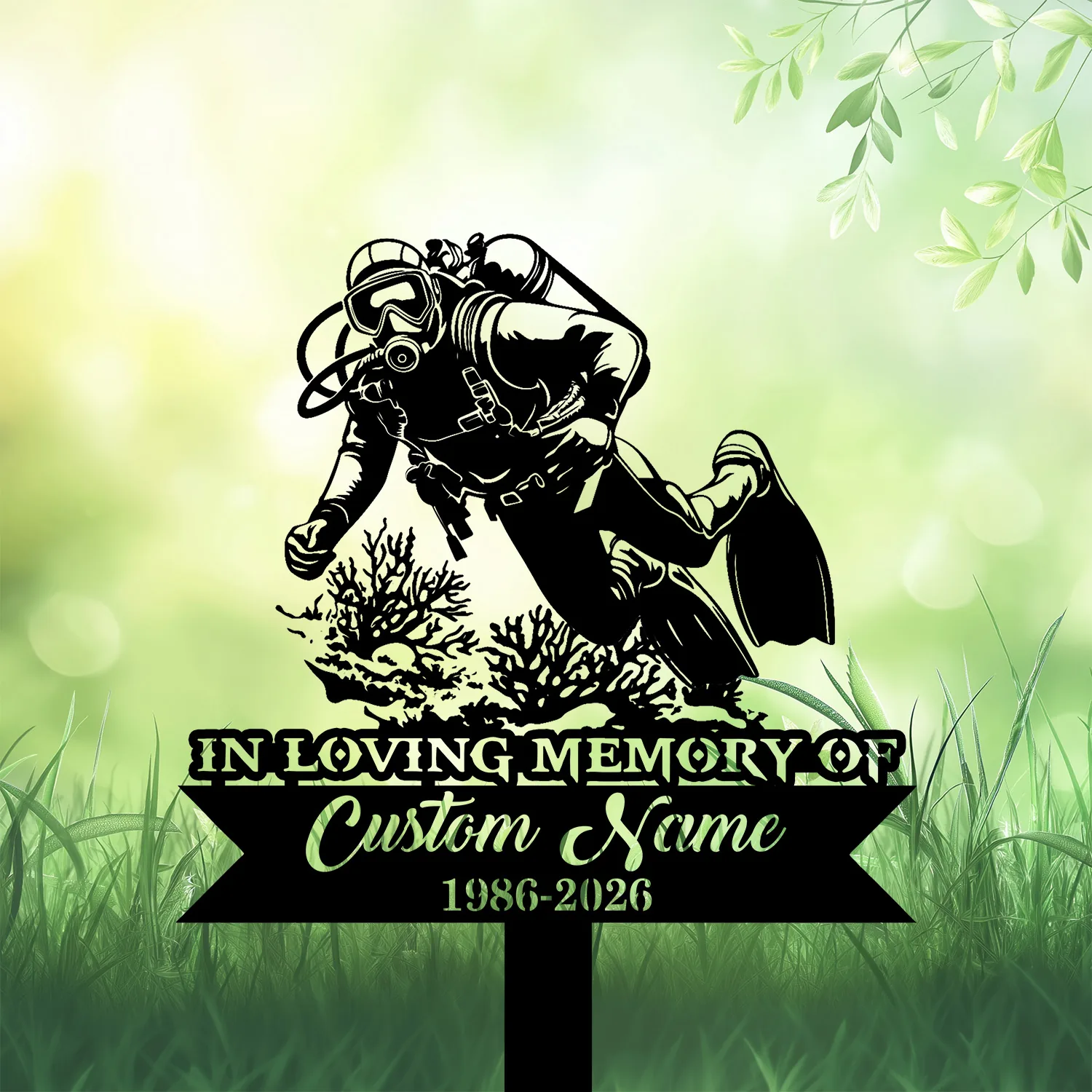Style-15-Scuba-Diver-3 Black silhouette diver with scuba gear over coral above a memorial sign reading "In Loving Memory Custom Name 1986-2026" on a green grassy background
