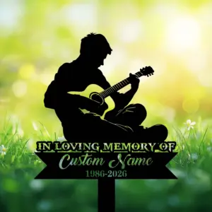 Custom Seated Man Playing Guitar Memorial Stake, Powder-Coated Steel