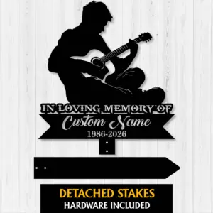 Custom Seated Man Playing Guitar Memorial Stake, Powder-Coated Steel