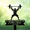 Black silhouette of a weightlifter holding a barbell above his head on a memorial sign reading "In Loving Memory" with customizable name and years against a green grassy background