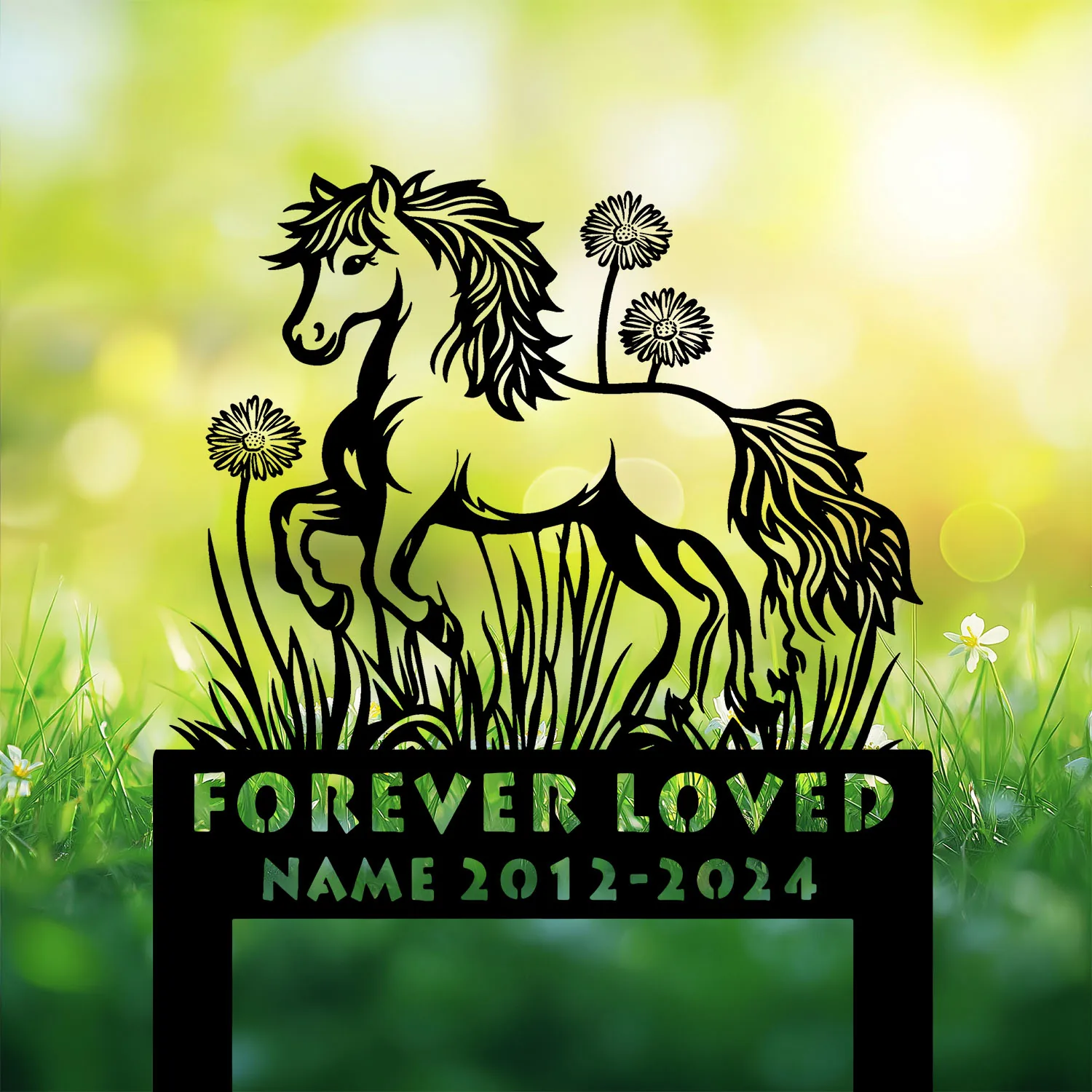 Style-18-dandelion-flowers-1 Black silhouette of a pony among grass and flowers with text cutouts reading "FOREVER LOVED" and placeholder "NAME 2012-2024" on a bright green bokeh background