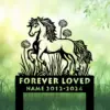 Style-18-dandelion-flowers-2 Black silhouette memorial stake of a pony among grass and flowers with text reading "FOREVER LOVED" and placeholder name and years on a soft green background