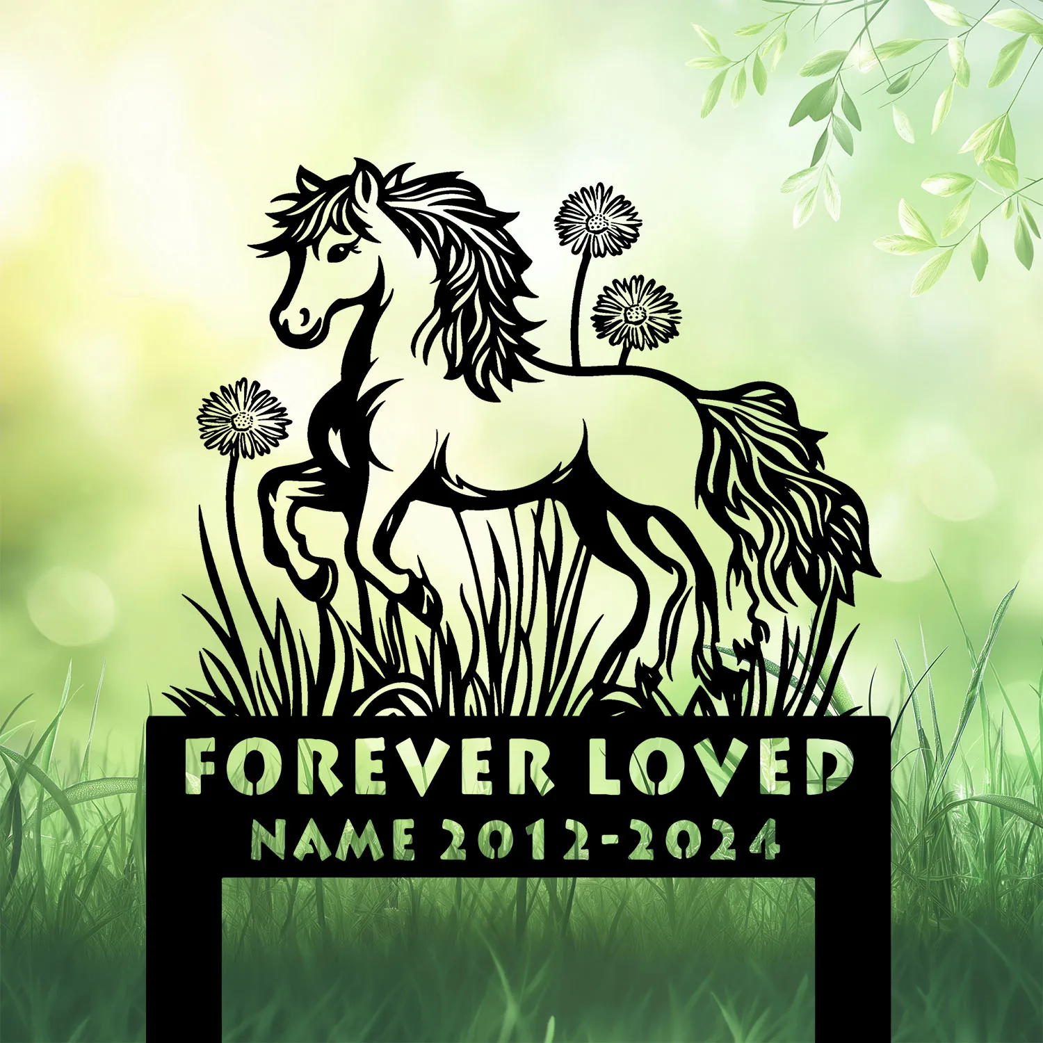 Style-18-dandelion-flowers-2 Black silhouette memorial stake of a pony among grass and flowers with text reading "FOREVER LOVED" and placeholder name and years on a soft green background