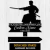 Black silhouette of a kneeling samurai with sword above a memorial sign reading "IN LOVING MEMORY OF Custom Name 1986-2026" on a light wood background
