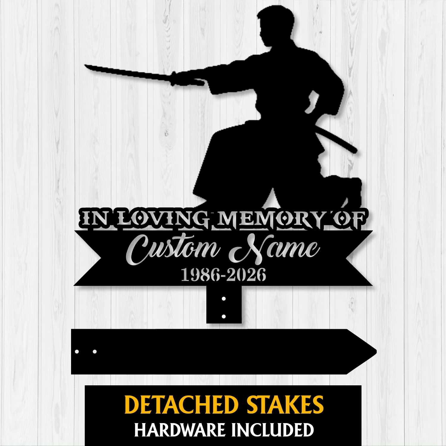 Black silhouette of a kneeling samurai with sword above a memorial sign reading "IN LOVING MEMORY OF Custom Name 1986-2026" on a light wood background