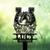 Style-20-horse-head-2-3 Black silhouette memorial stake with a horse head inside a horseshoe, floral wreath, the name LUCY and dates 2016-2022 on a grassy green background