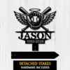 Black metal memorial sign with winged baseball and halo, crossed bats, the name JASON and years 1990-2026 on a white wood background