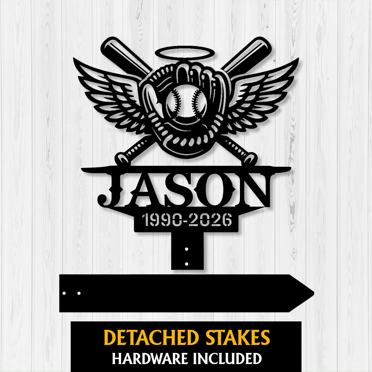 Black metal memorial sign with winged baseball and halo, crossed bats, the name JASON and years 1990-2026 on a white wood background