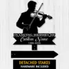 Style-22-Male-Violinist-2 Black silhouette of a violinist above a memorial sign reading "In Loving Memory of Custom Name 1986-2026" on a white wood background, with detached stake pieces shown