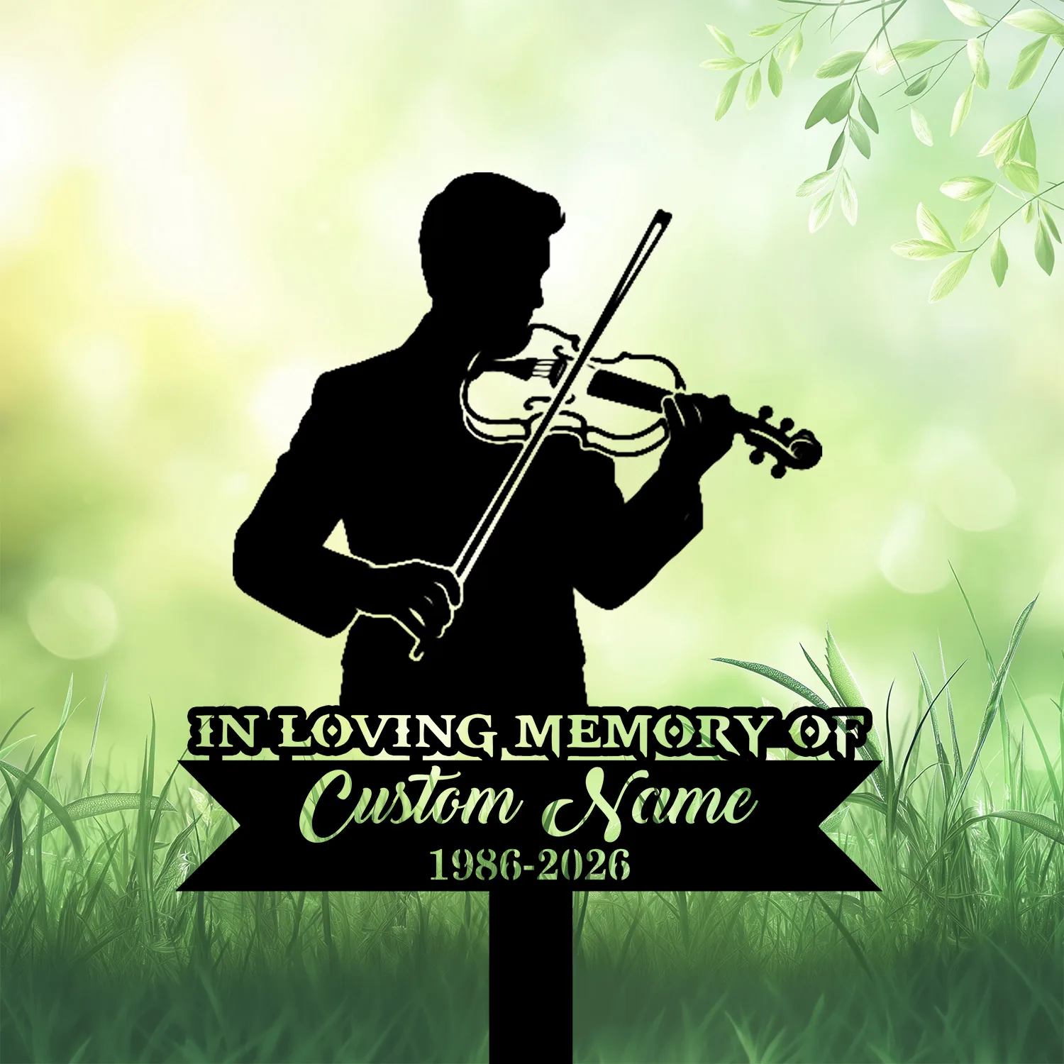 Style-22-Male-Violinist-3 Silhouette of a violinist on a green, leafy memorial sign reading "In Loving Memory" and "Custom Name 1986-2026" against a soft bokeh background