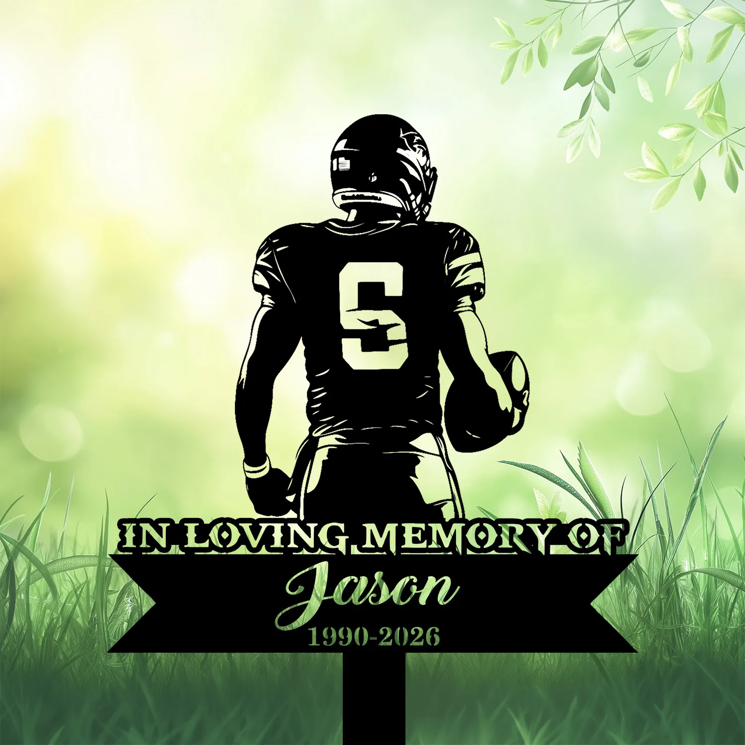 Silhouette of a football player wearing jersey number 5 holding a helmet above a memorial sign reading "In Loving Memory of Jason 1990-2026" on a grassy, green blurred background