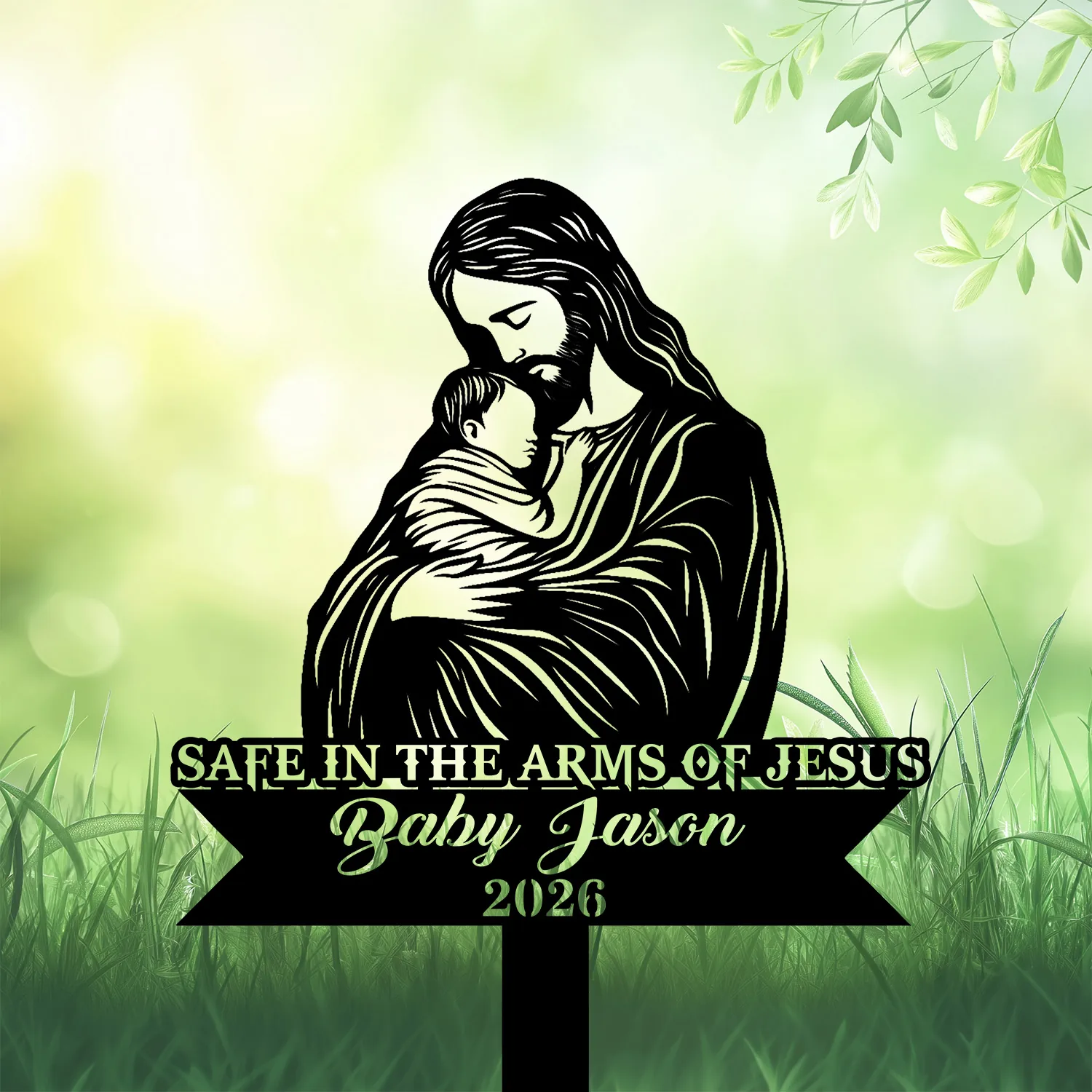 Style-24-Baby-with-Jesus-3 Silhouette of Jesus holding a sleeping baby over a green blurred background with grass, text reading "Safe in the Arms of Jesus Baby Jason 2026"