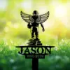 Black silhouette of a winged football player walking away above grass and flowers with name JASON and dates 1990-2026 on a memorial-style sign