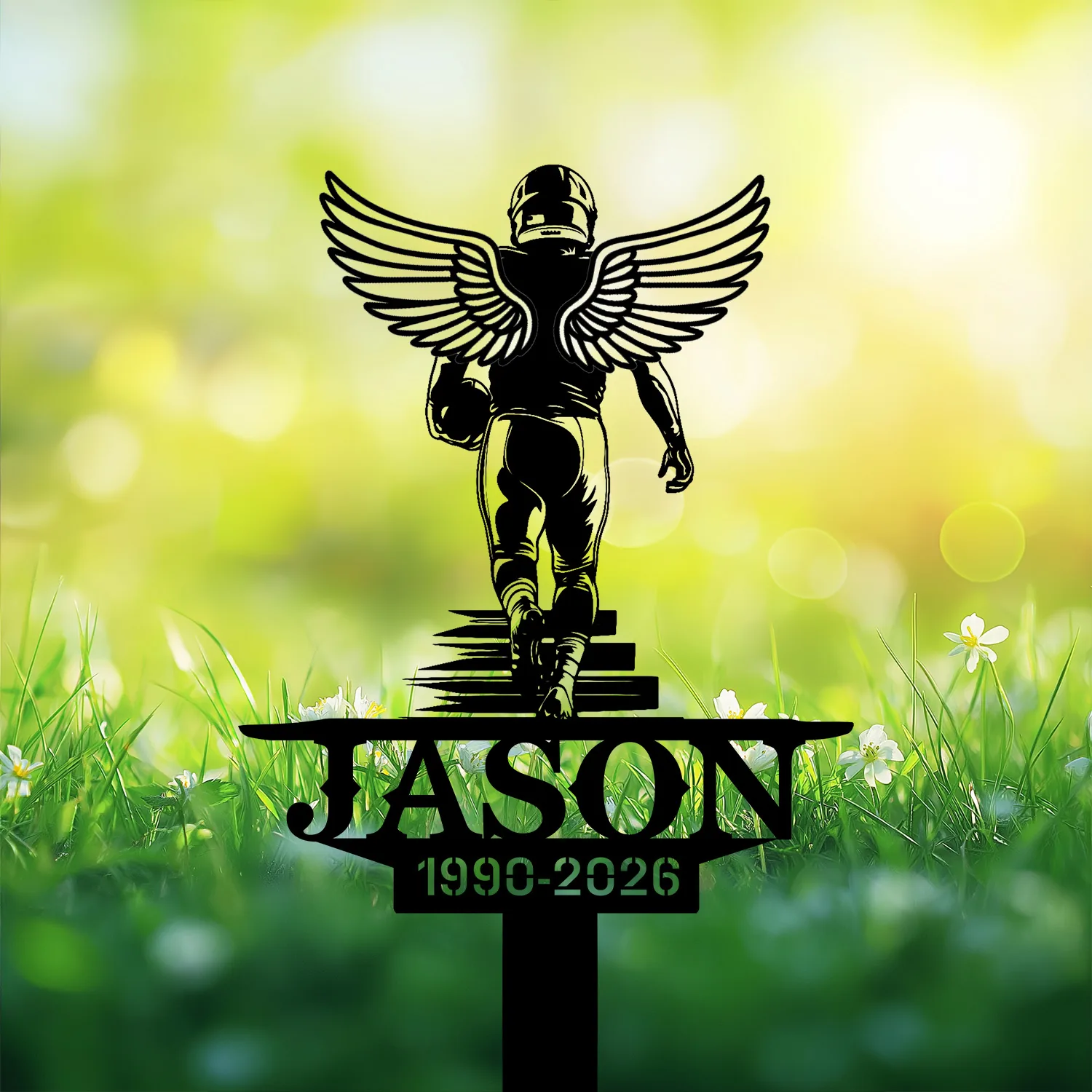 Black silhouette of a winged football player walking away above grass and flowers with name JASON and dates 1990-2026 on a memorial-style sign