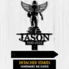 Black metal memorial sign of a winged football player walking away with name JASON and dates 1990-2026 on a white wooden background
