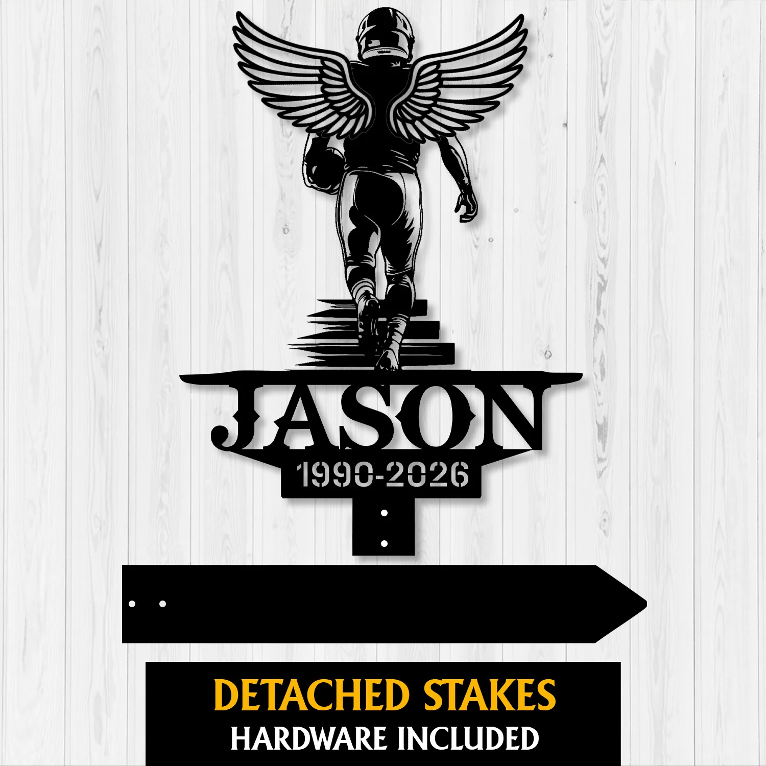 Black metal memorial sign of a winged football player walking away with name JASON and dates 1990-2026 on a white wooden background