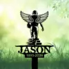 Black silhouette of a winged football player walking away above a nameplate that reads JASON with dates 1990-2026, set against a light green grassy background