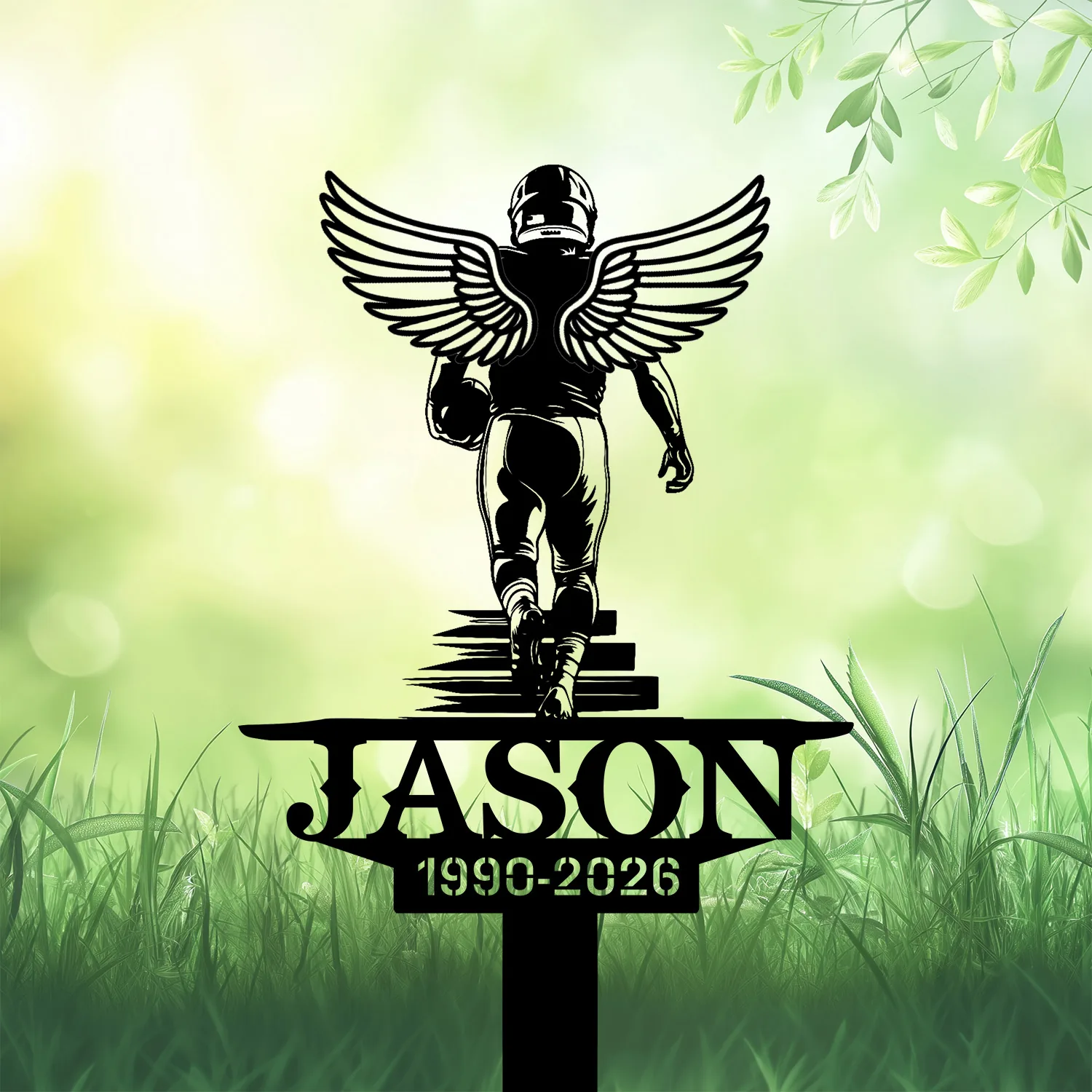 Black silhouette of a winged football player walking away above a nameplate that reads JASON with dates 1990-2026, set against a light green grassy background