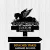 Black metal memorial sign mockup showing a winged horse silhouette above grass with text “In Loving Memory Of” and placeholder name and dates on a white wood background