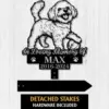 Black and white memorial garden stake sign with an illustrated fluffy dog, text 'In Loving Memory Of MAX 2016-2024', arrow-shaped detached stake shown