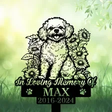Black-and-white sketch of a small fluffy dog surrounded by sunflowers with text “In Loving Memory Of MAX 2016-2024” on a soft green bokeh background