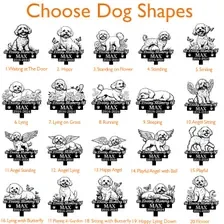 Grid of 24 small black dog silhouette icons with labels like 'Waiting at the Door', 'Happy', 'Running', 'Sleeping' under each, on a white background with orange 'Choose Dog Shapes' heading