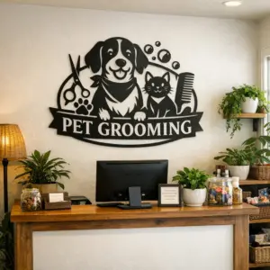 Pet grooming salon reception with custom business logo decor metal sign behind the desk